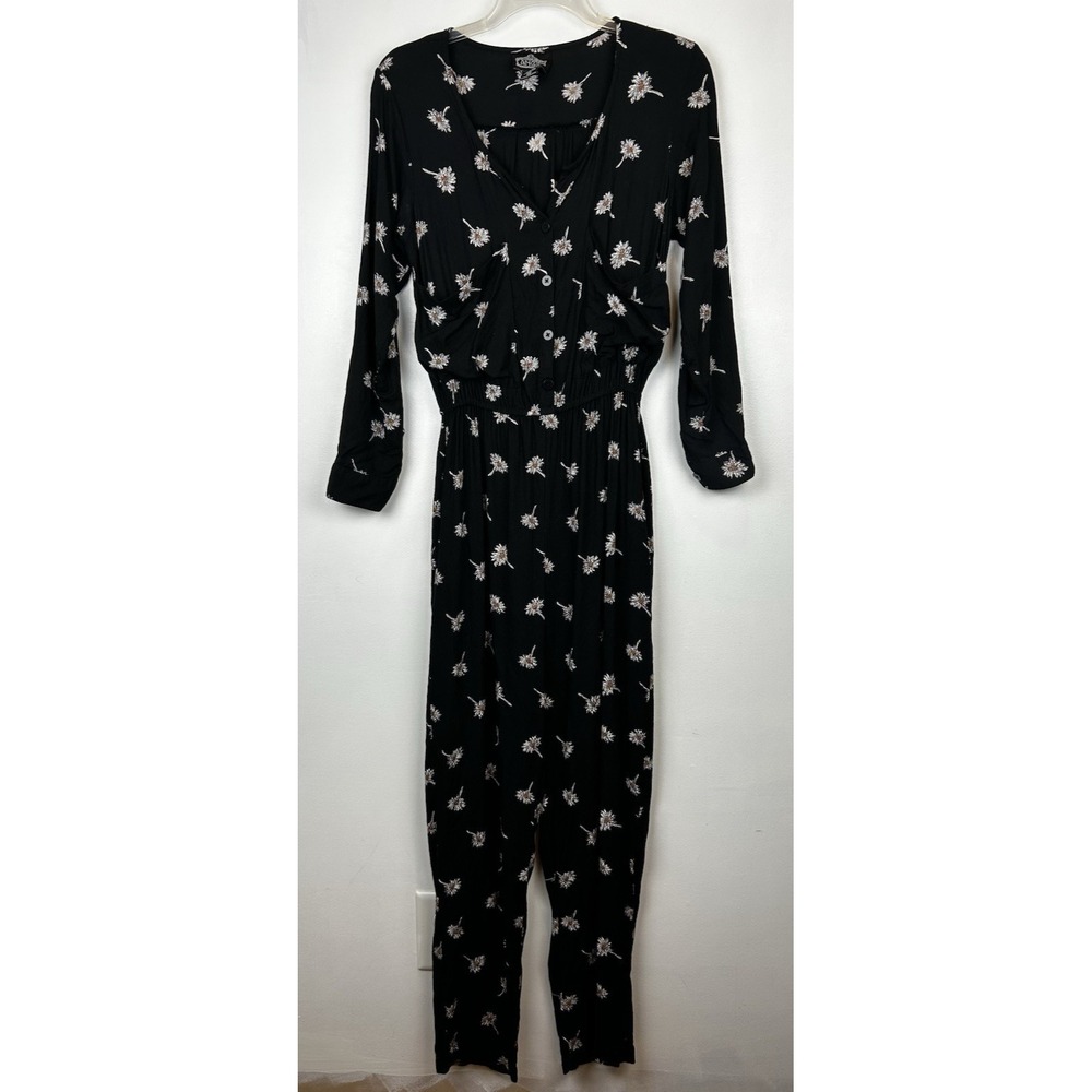Angie Jumpsuit Womens XS Floral Ruffle Black Daisy Print Floral Boho Hippie